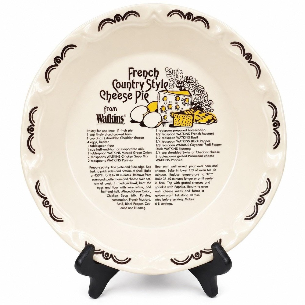 Vintage Watkins French Country Style Cheese Pie Recipe Plate, dated 1983.